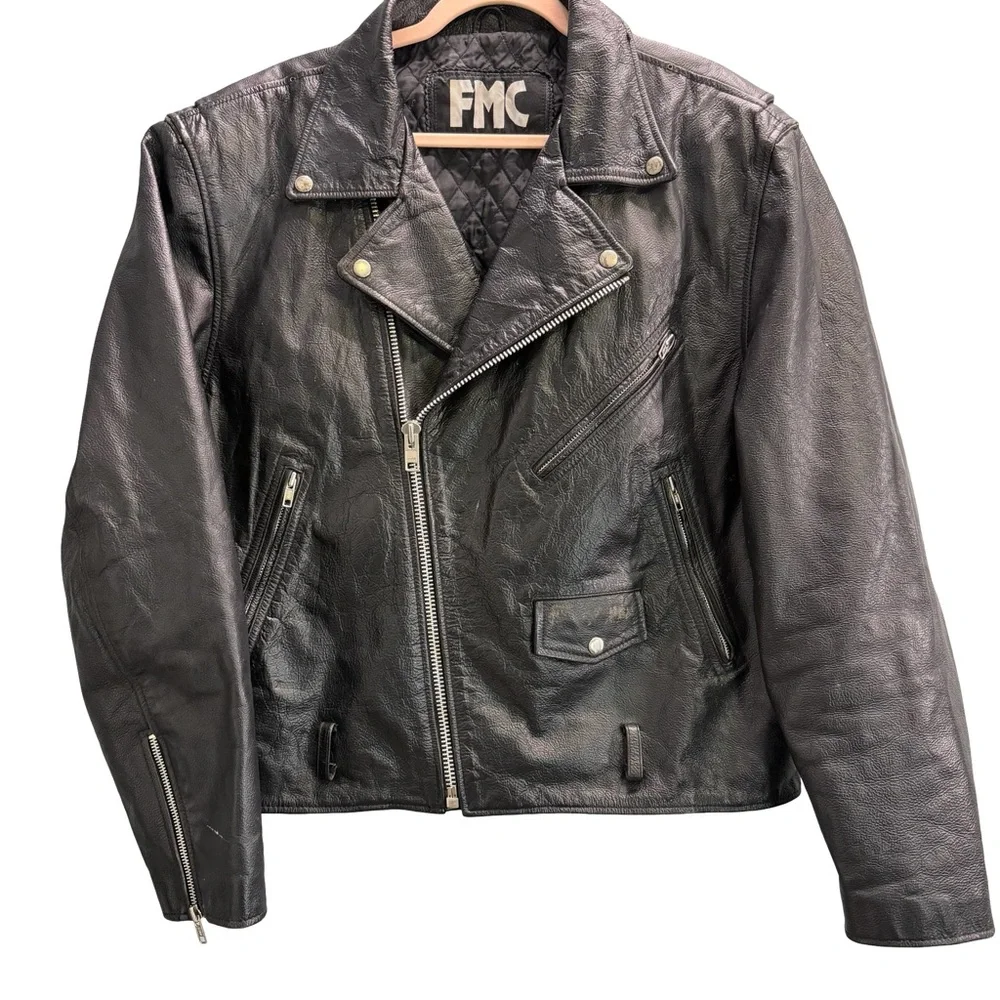 Vintage FMC black leather‎ motorcycle jacket with Harley Davidson patch XL